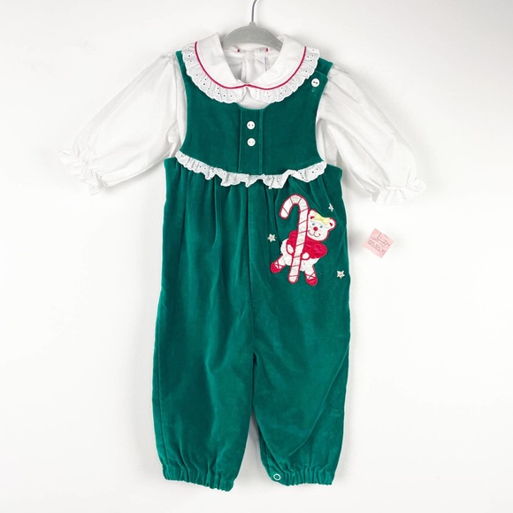 Vintage NEW Christmas Bear Velvet Jumper Baby Girls Size 6-9 Months